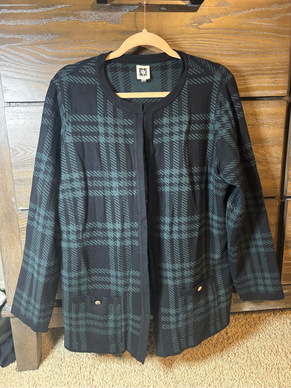 Anne Klein Black and Dark Green Plaid Open-Front Blazer